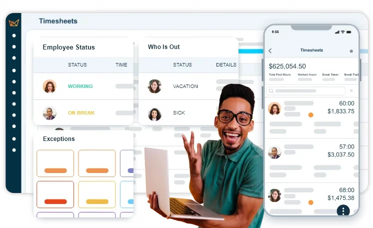 EasyClocking time and attendance software — real-time timesheets dashboard, mobile app, approaching overtime alerts