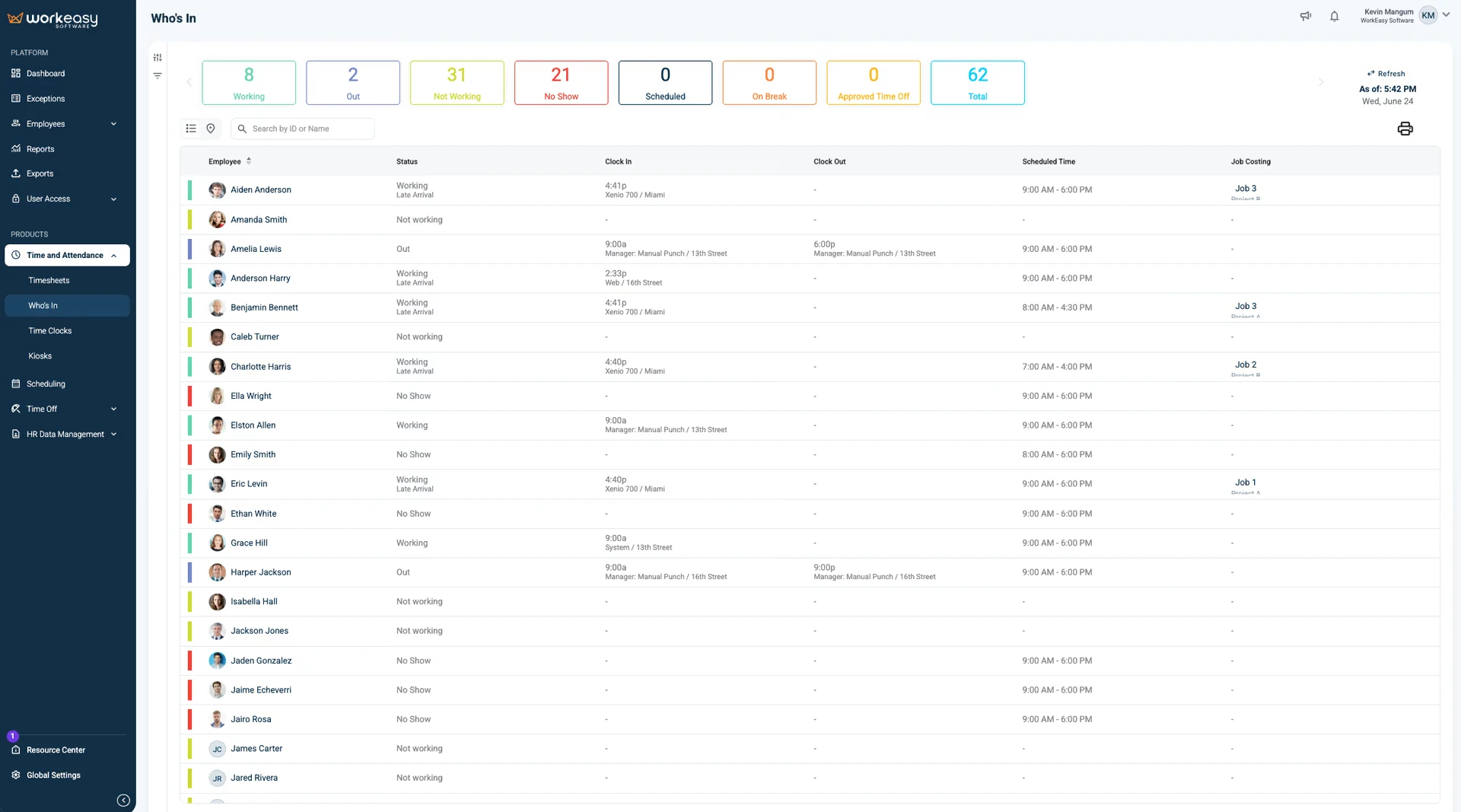 EasyClocking Who's In dashboard showing real-time employee clock-in status