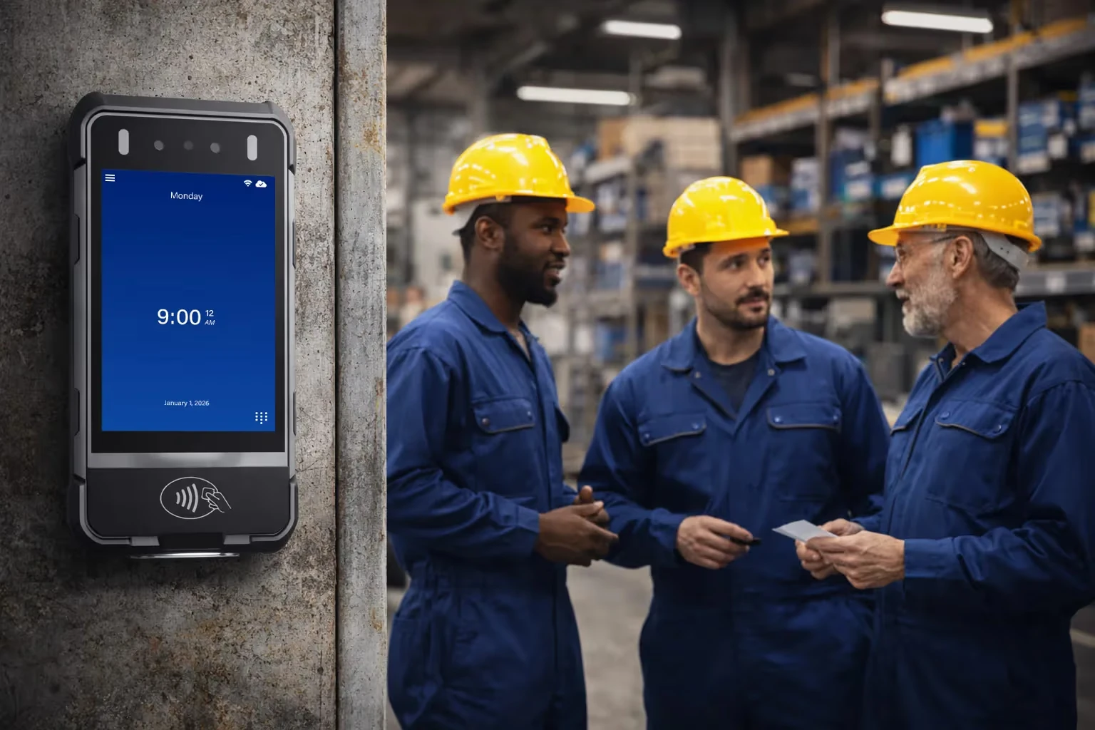 A wall-mounted EasyClocking Xenio M2000 biometric time clock at an industrial job site with a crew of workers in hard hats nearby